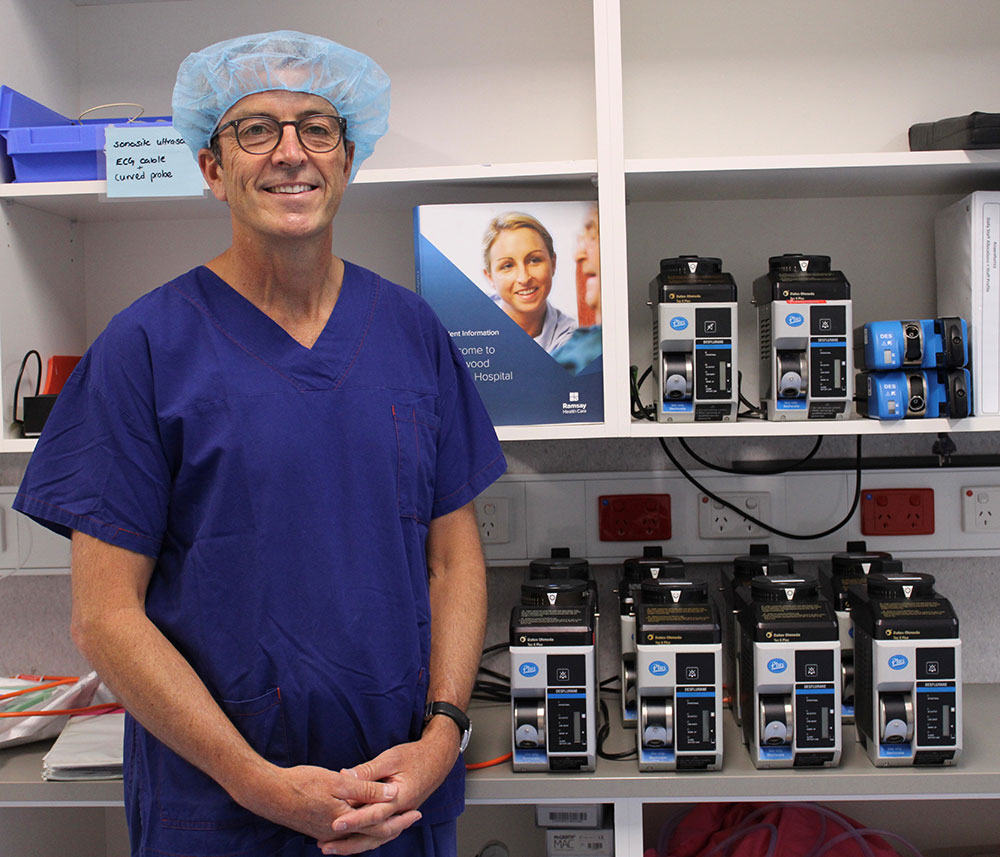 Hollywood Private Hospital anaesthetist Chris Mitchell with anaesthetic gas vaporisers containing Desflurane, which have been removed from anaesthetic machines.