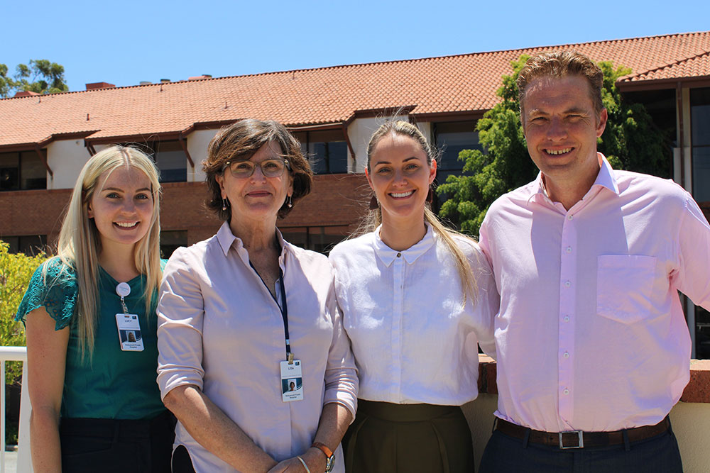 Prostate Cancer Specialist Nurses Lucy Lyons, Lisa Ferri and Francesca Rogers with former Hollywood Private Hospital patient John Williams.